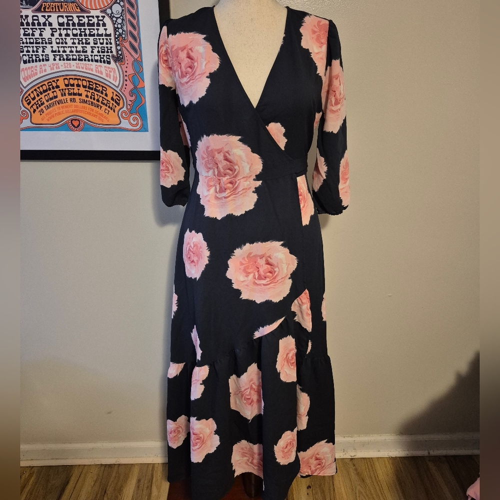 Bar III Black Dress with Pink Floral Design Adjustable Tie Wrap Dress